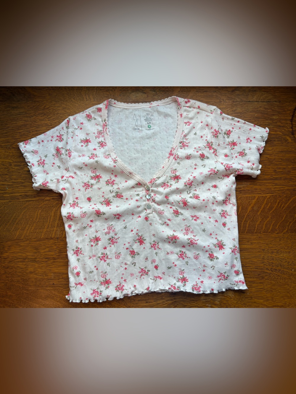 Joie Floral Short Sleeve Casual Top Ruffle Frilly Feminine Henley Sleep Night